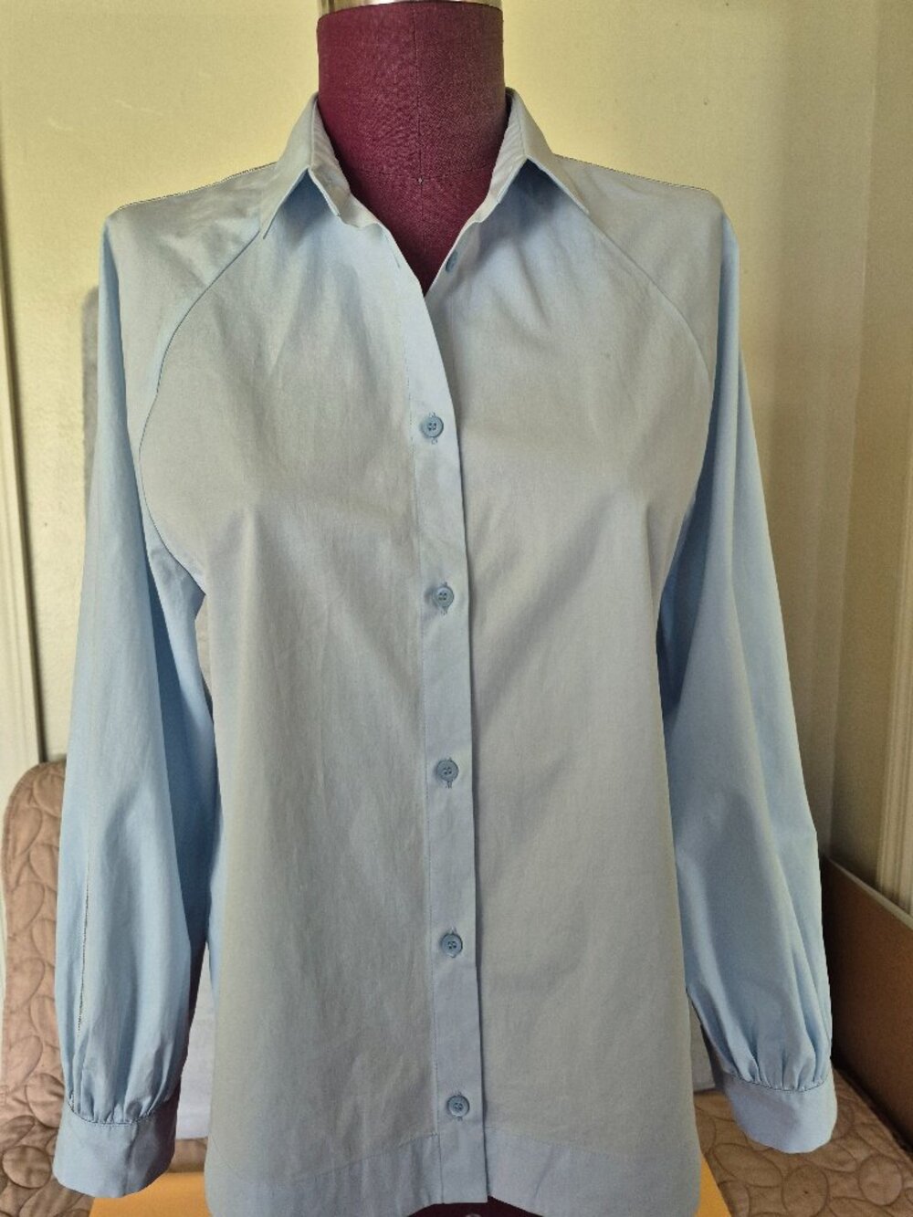 Peserico Light Blue Stretch Cotton Button-Down Blouse with Beaded Shoulder Accen
